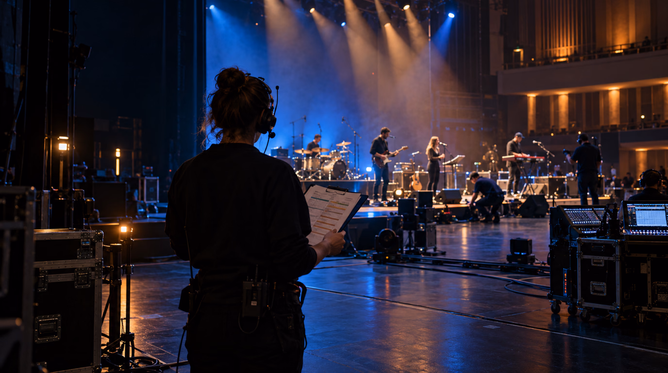 Stage manager координирует технический прогон концертной программы по running order в зрительном зале.