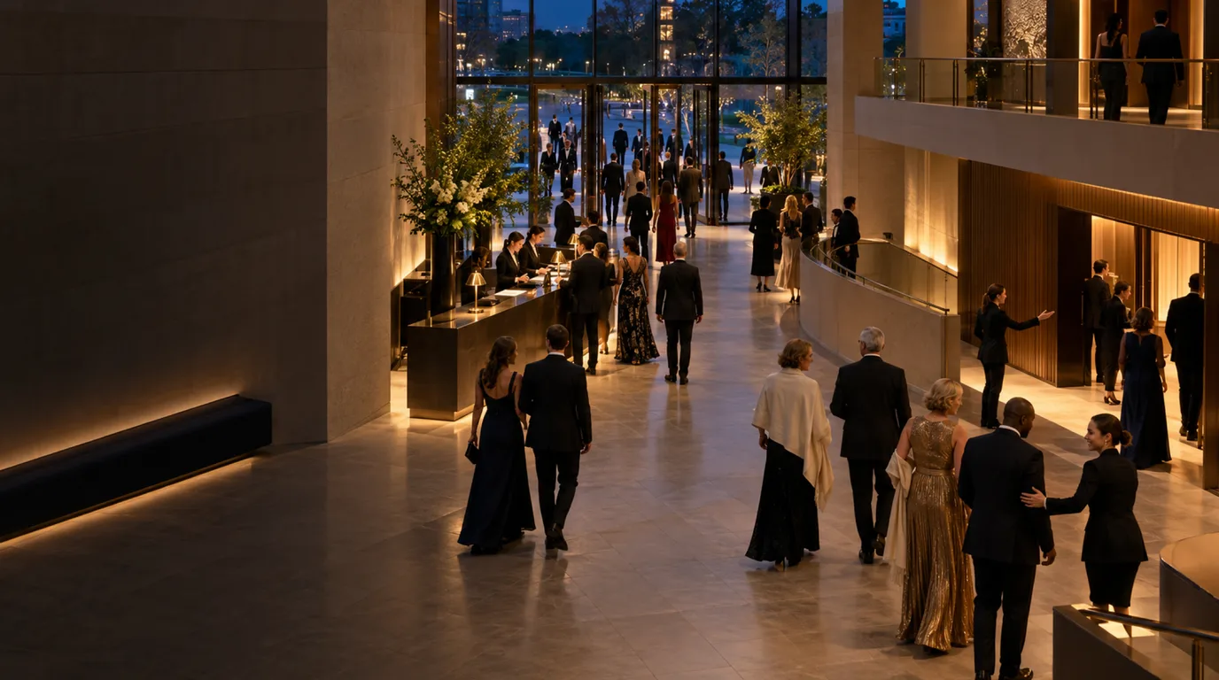 Команда guest relations встречает и направляет гостей через welcome-зону концертного события.
